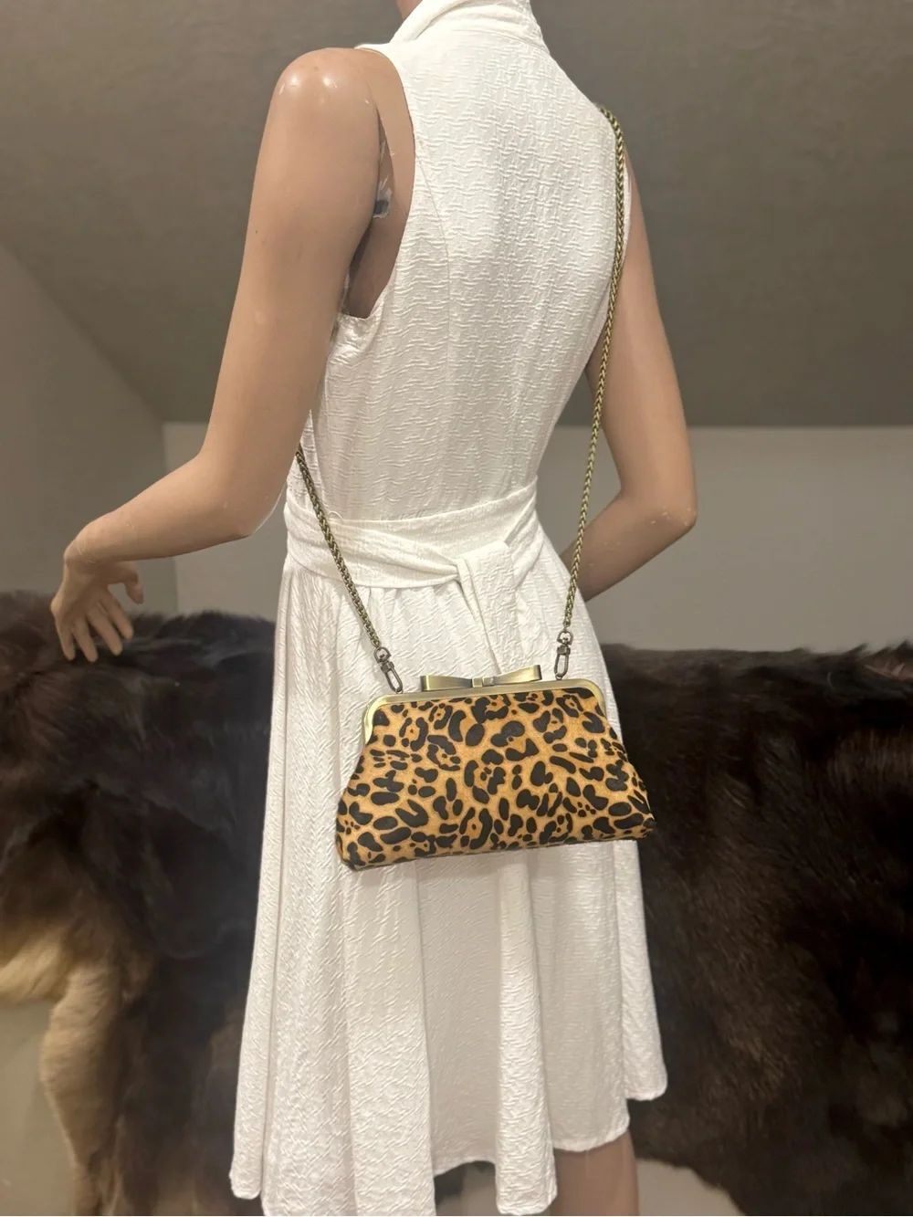 Leopard Print Real Hair-on Horsehide Handmade “Bow” Kisslock Clutch, Crossbody - Picture 8 of 16